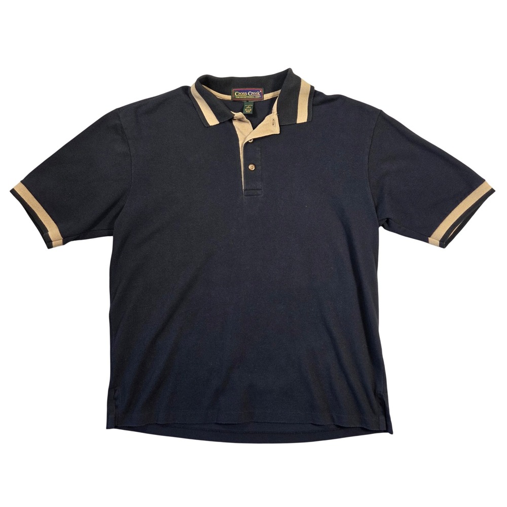 Cross Creek Men Navy Blue Short Sleeve Polo Shirt L Y2k Grunge Punk Skater Baggy
